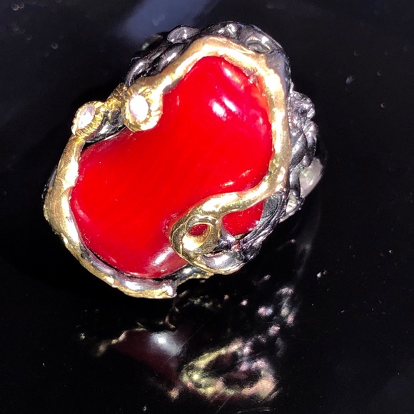 Unique Natural Red Coral Ring with Amethyst